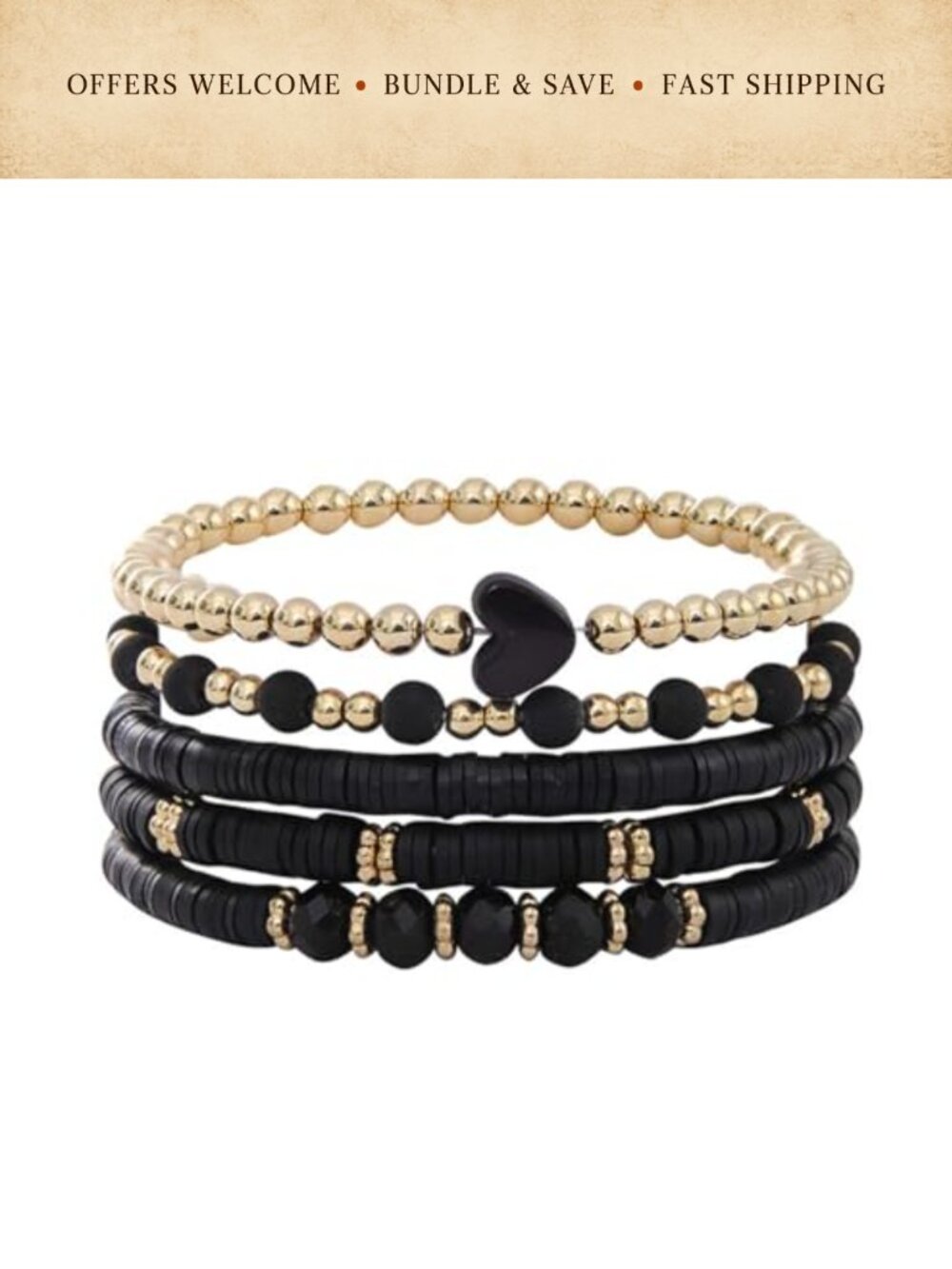 Dainty Beaded Bracelet Set 5pc Stretch Stackable Gold Silver Plated